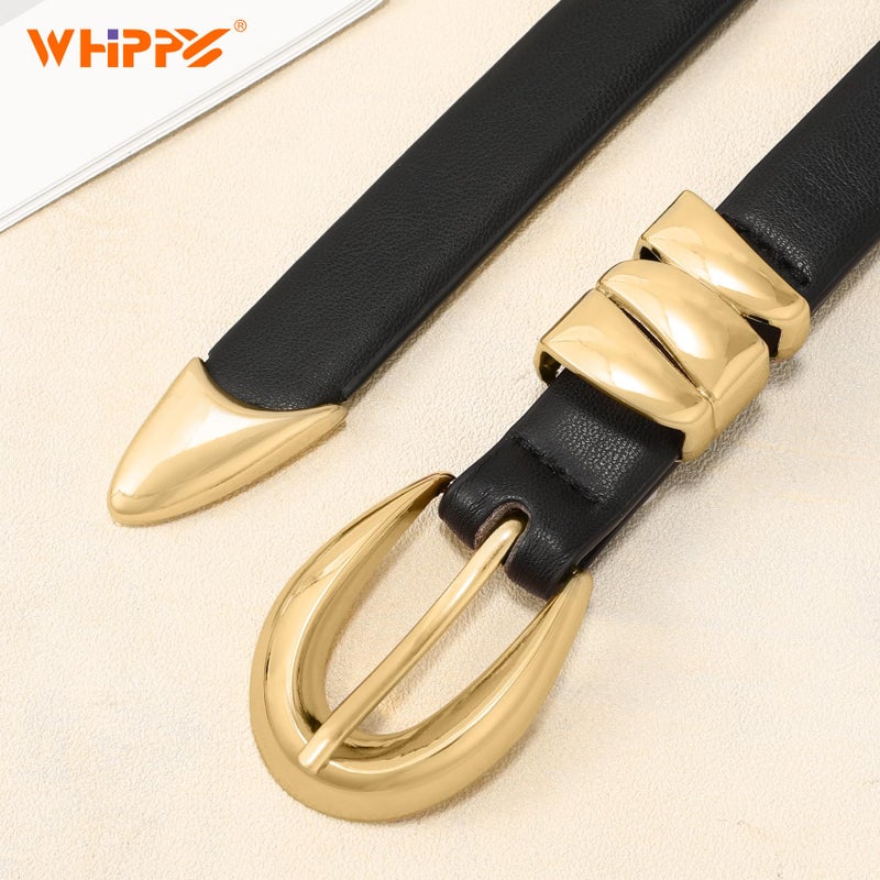 WHIPPY Women Skinny Leather Belt for Jeans Pants Dresses Ladies Fashion Waist Belt with Shiny Gold Buckle,Black Gold,S - Image 3