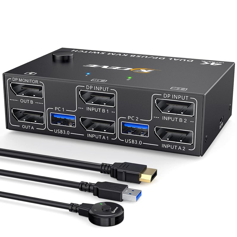 KCEVE Dp KVM Switch 2 Computer 2 Monitors, USB 3.0 Vision Dual Monitors Displayport Kvm Switcher Supports 4K@60Hz For 2 Computers Share Keyboard, Mouse And Monitor - Image 1