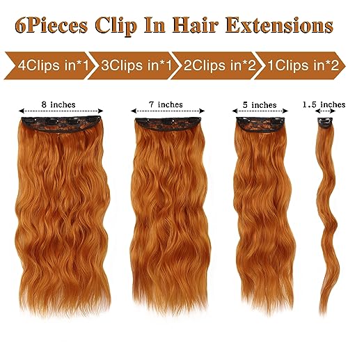WECAN Clip In Hair Extensions 20 Inch 6pcs Copper Red Long Wavy Curly Hair Extensions Ginger Synthetic Fiber Double Weft Soft Hairpieces For Women Full Head - Image 3