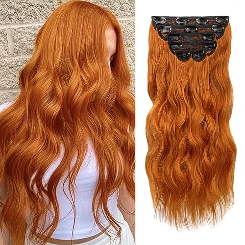 WECAN Clip In Hair Extensions 20 Inch 6pcs Copper Red Long Wavy Curly Hair Extensions Ginger Synthetic Fiber Double Weft Soft Hairpieces For Women Full Head - Image 1