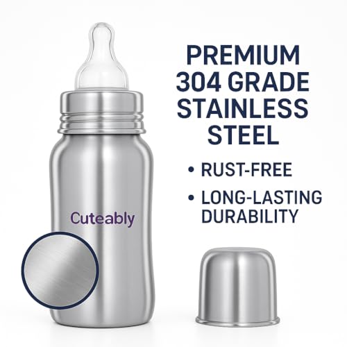 Cuteably Stainless Steel Wide Mouth Bottle | Anti-Colic Nipple Baby | Rust-Free BPA-Free Bottles for Newborn (200 ML) - Image 3