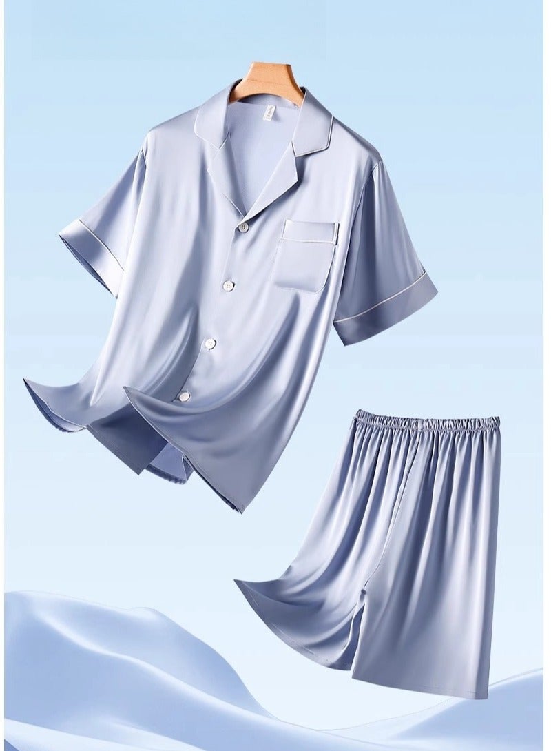 MIIOW Ice Silk Sleepwear Men's Simulated Silk Short  Sleeved High-End Home Suit Set - Image 5