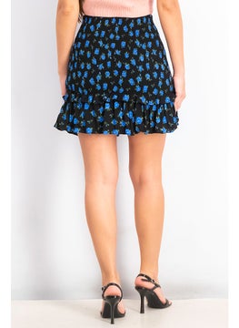 Bershka Women Floral Print Pull On Mini Skirt, Black and Blue  - Image 3