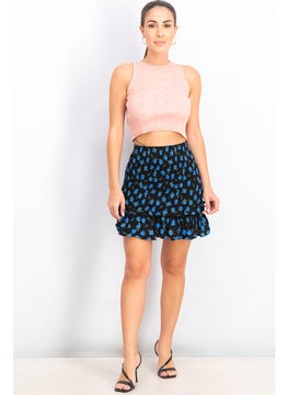 Bershka Women Floral Print Pull On Mini Skirt, Black and Blue  - Image 4