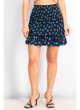Bershka Women Floral Print Pull On Mini Skirt, Black and Blue  - Image 1