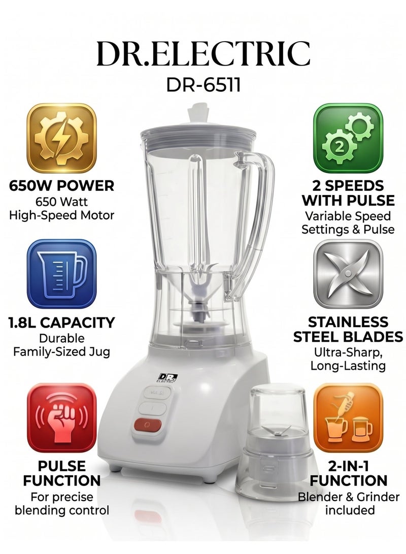 DR.ELECTRIC 2-in-1 Blender, 650 Watts, White, with Grinder, 1.5 Liter DR.6504 - Image 2