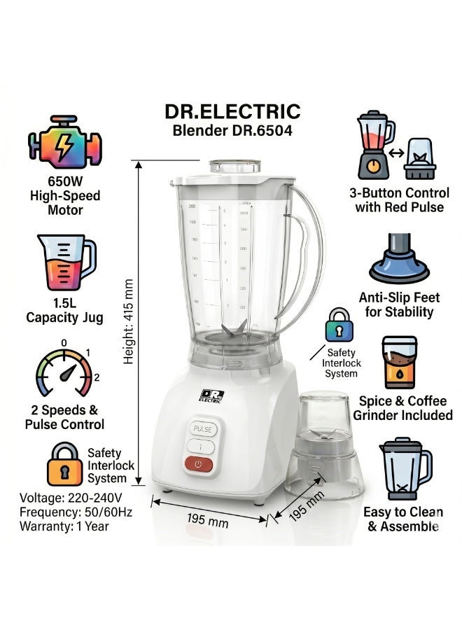 DR.ELECTRIC 2-in-1 Blender, 650 Watts, White, with Grinder, 1.5 Liter DR.6504 - Image 4