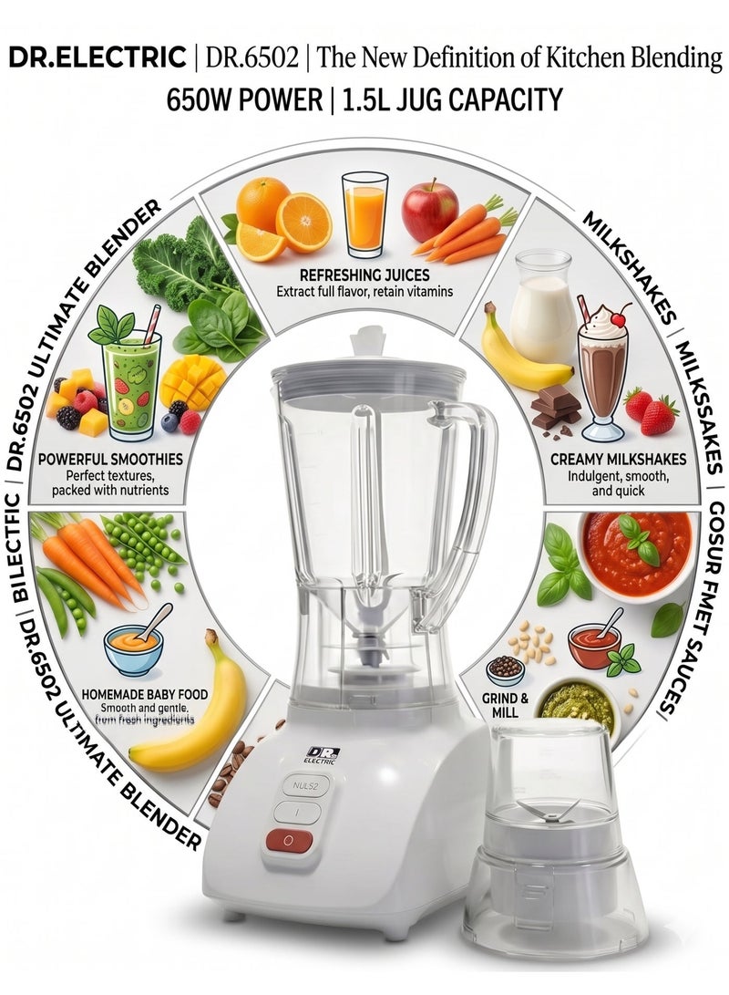 DR.ELECTRIC 2-in-1 Blender, 650 Watts, White, with Grinder, 1.5 Liter DR.6504 - Image 3