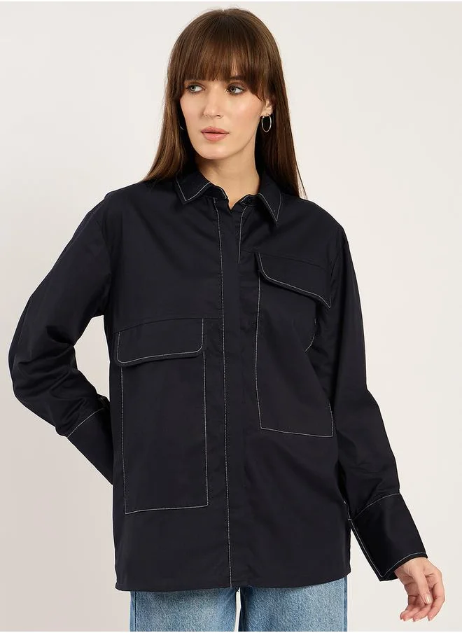 Femmella Stitch Detail Spread Collar Shirt with Pockets