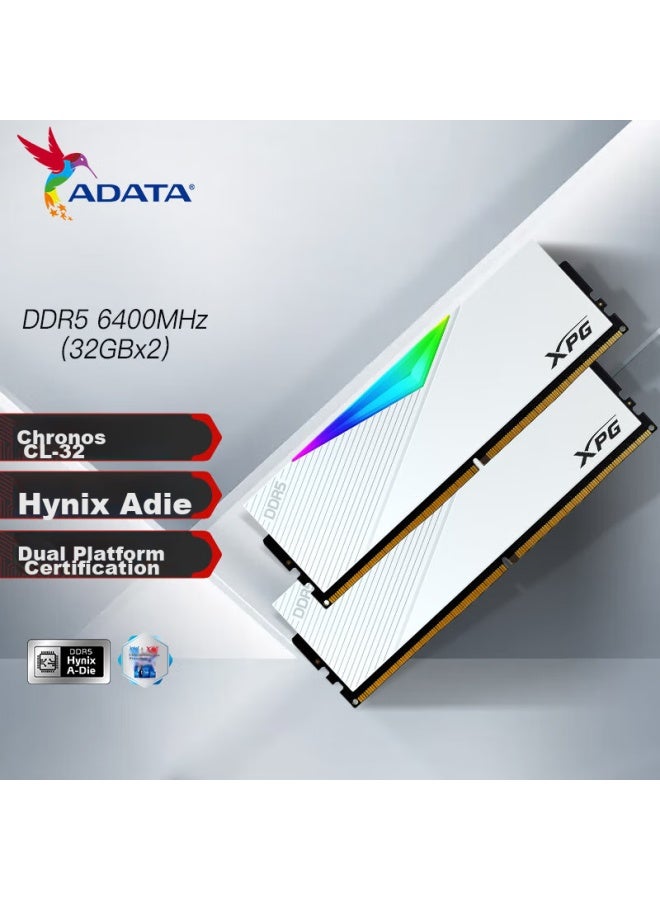 ADATA أداتا لونغياو 64 جيجابايت DDR5 6400 CL32 توقيت، شرائح Hynix A، ذاكرة رام RGB للألعاب، XPG D500G، أبيض لامع - Image 1