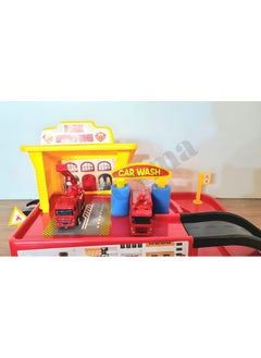 Apexma Toy Single Storey Fire Station Car Garage Track Set - 2 Pieces Metal Car Vehicle Station Set - Fire Garage Parking Track Game Set  - Image 3