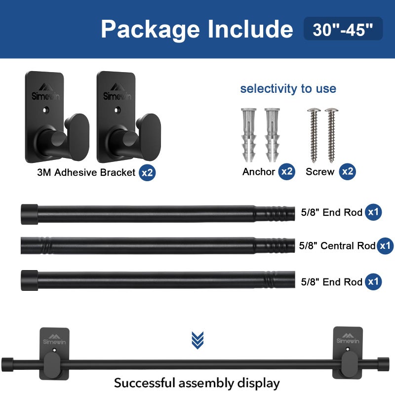 SIMEWIN Curtain Rods No Drilling for Windows 30 to 45 Inches,5/8 Inch Diameter No Drill Small Curtain Rod Set with 3M Adhesive Brackets, Black - Image 5