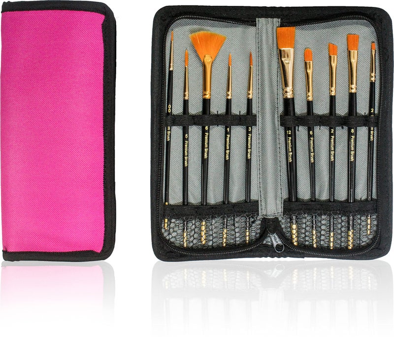 Definite Art Cruelty Free Synthetic Nylon Paint Brushes in Zippered Pouch Combo of Round, Flat, Fan, Liner, Fine, Filbert and Angular (Pink Pouch) - Image 1