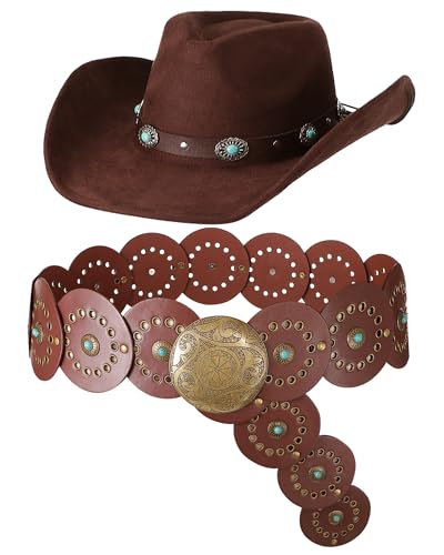 Chicingyou Western Wide Brim Hat and Cowgirl Belt Sets for Women Turquoise Vintage Boho Disc Outfit Accessories(Brown,57 Inch) - Image 1