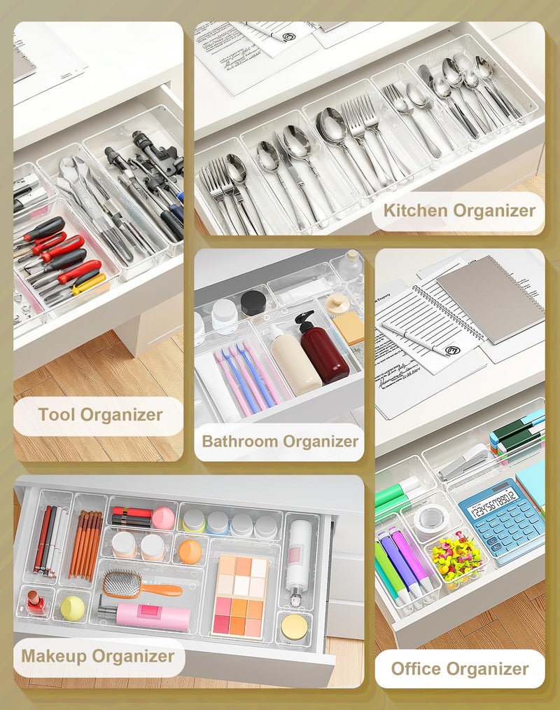 VEXTHYX 15Pcs Clear Plastic Drawer Organizers Set, 4size makeup drawer organizer trays for vanity/desk/bathroom/office/nightstand/gadgets for kitchen/desk drawer, Versatile drawer divider storage bins - Image 5