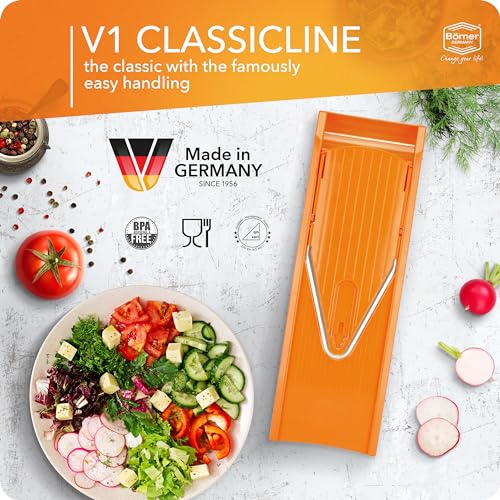 Börner Mandoline Slicer V1 (Professional Set) • V-Slicer with 4 Inserts, Fruit Holder, Docking Station, Box • Adjustable Vegetable Slicer • Cuts into Slices, Strips & Dices • Color: Orange - Image 3