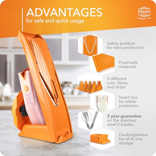 Börner Mandoline Slicer V1 (Professional Set) • V-Slicer with 4 Inserts, Fruit Holder, Docking Station, Box • Adjustable Vegetable Slicer • Cuts into Slices, Strips & Dices • Color: Orange - Image 4