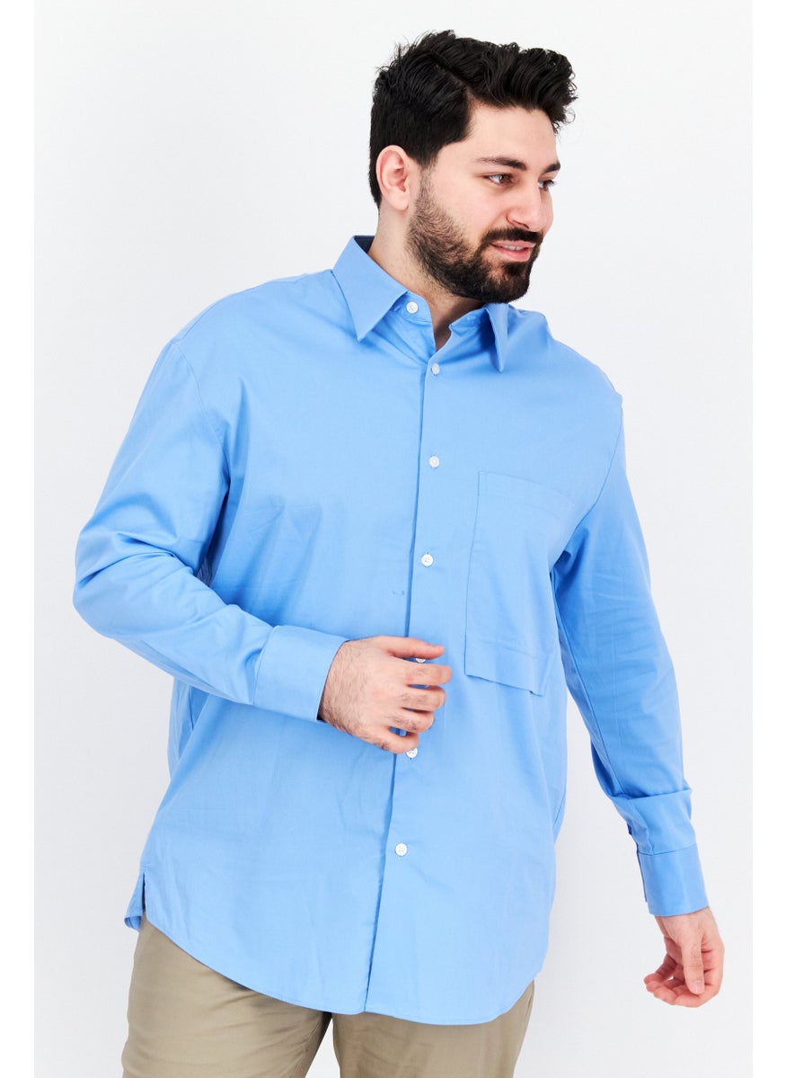 Selected Homme Men Oversize Fit Solid Long Sleeve Casual Shirt, Blue  - Image 1