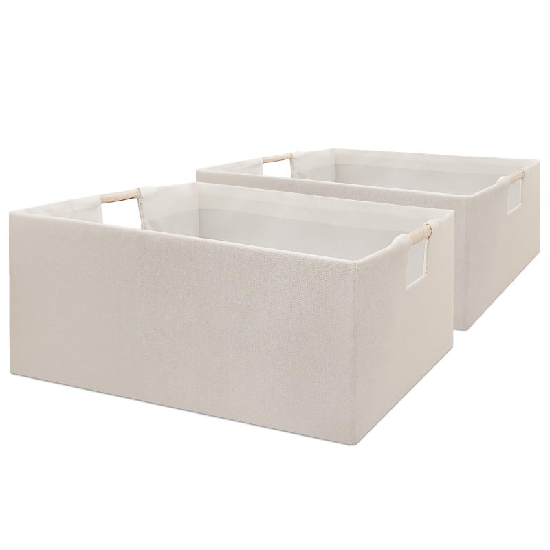 Foldable Fabric Storage Cubes 2 Packs Cloth Storage Baskets with Wooden Handles Collapsible Shelf Closet Organizer Bins Rectangular Storage Boxes for Decor Beige