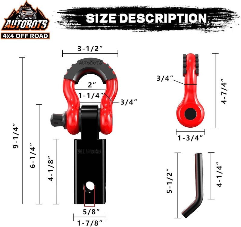 AUTOBOTS Tow Hitch Receiver 2", 45,000 Lbs Break Strength Shackle Hitch Receiver with 5/8" Hitch Pin, 3/4 D Ring Shackle, Towing Accessories for Truck Trailer Recovery Off-Road Red&Black - Image 4