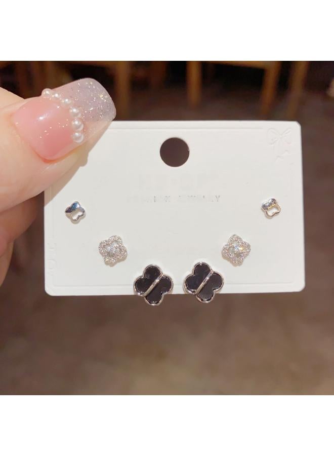 S925 Silver Needle Micro Inlaid Zircon Short Earrings Short Hair Earrings And Korean Elegant All-match Simple Three-piece Set Earrings For Women 
