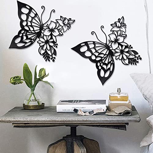 EZ4ENCE 2PCS Butterfly Decoration Wall Art Boho Wall Home Decor Hanging Appearance Wall Decor Metal Hanging Butterfly Decor Flower Wall Art for Bedroom Living Room Home Wall,Black(Large) - Image 1