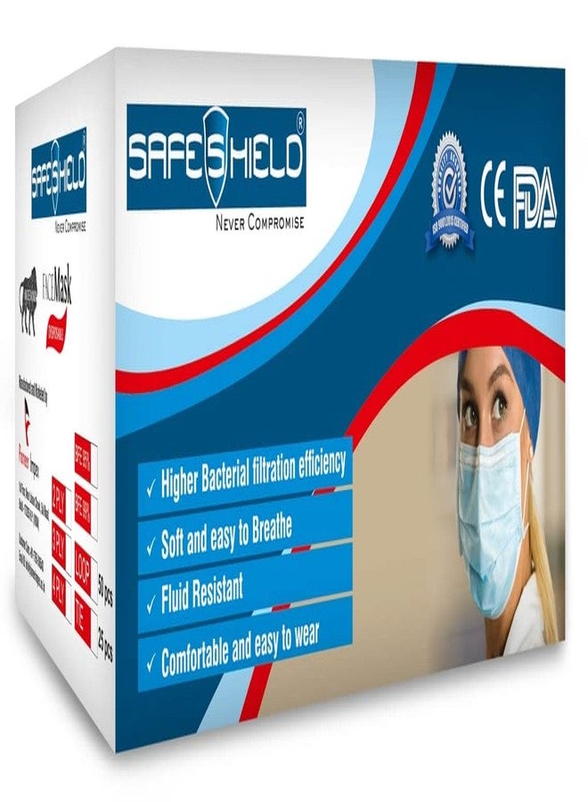 Safeshield Meltblown Fabric Disposable 3 Ply Surgical Face Mask with Nose Pin and Ear Loops (Blue, Without Valve, Pack of 50) for Unisex - Image 1