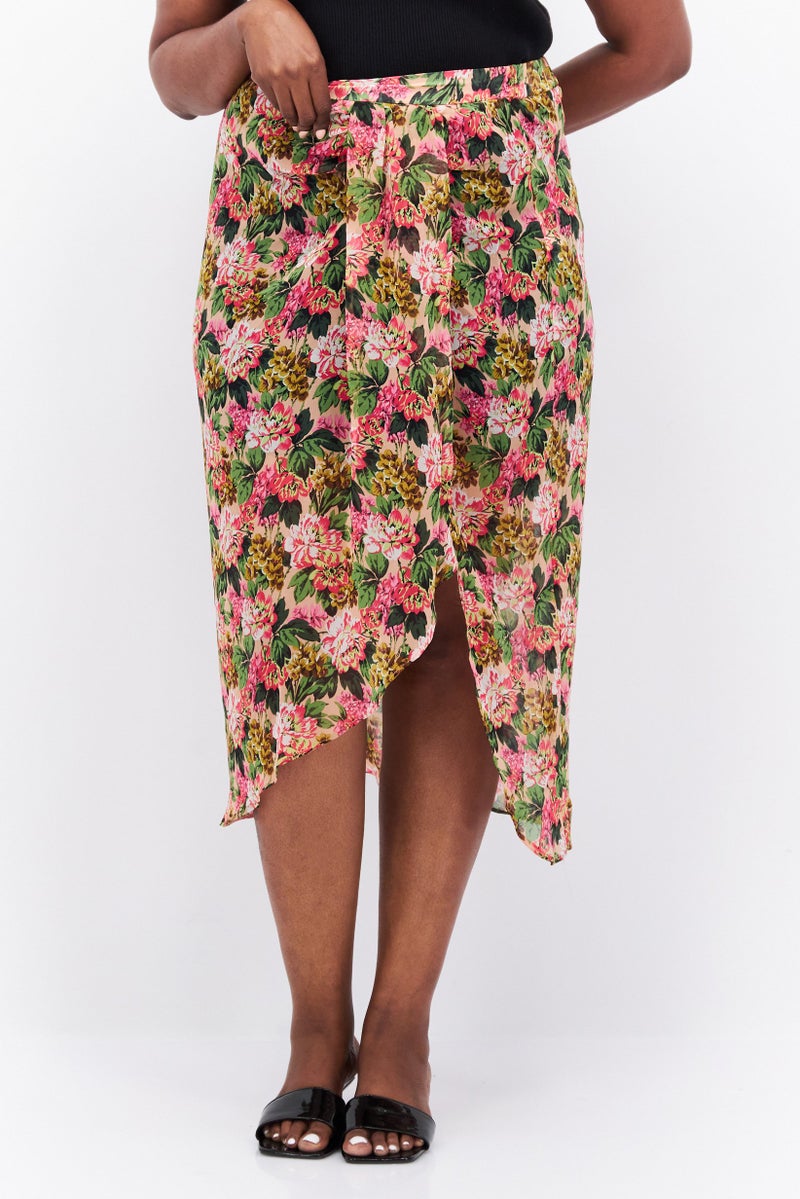 RIVER ISLAND Women Plus Size Floral Print Wrap Skirt, Pink - Image 1