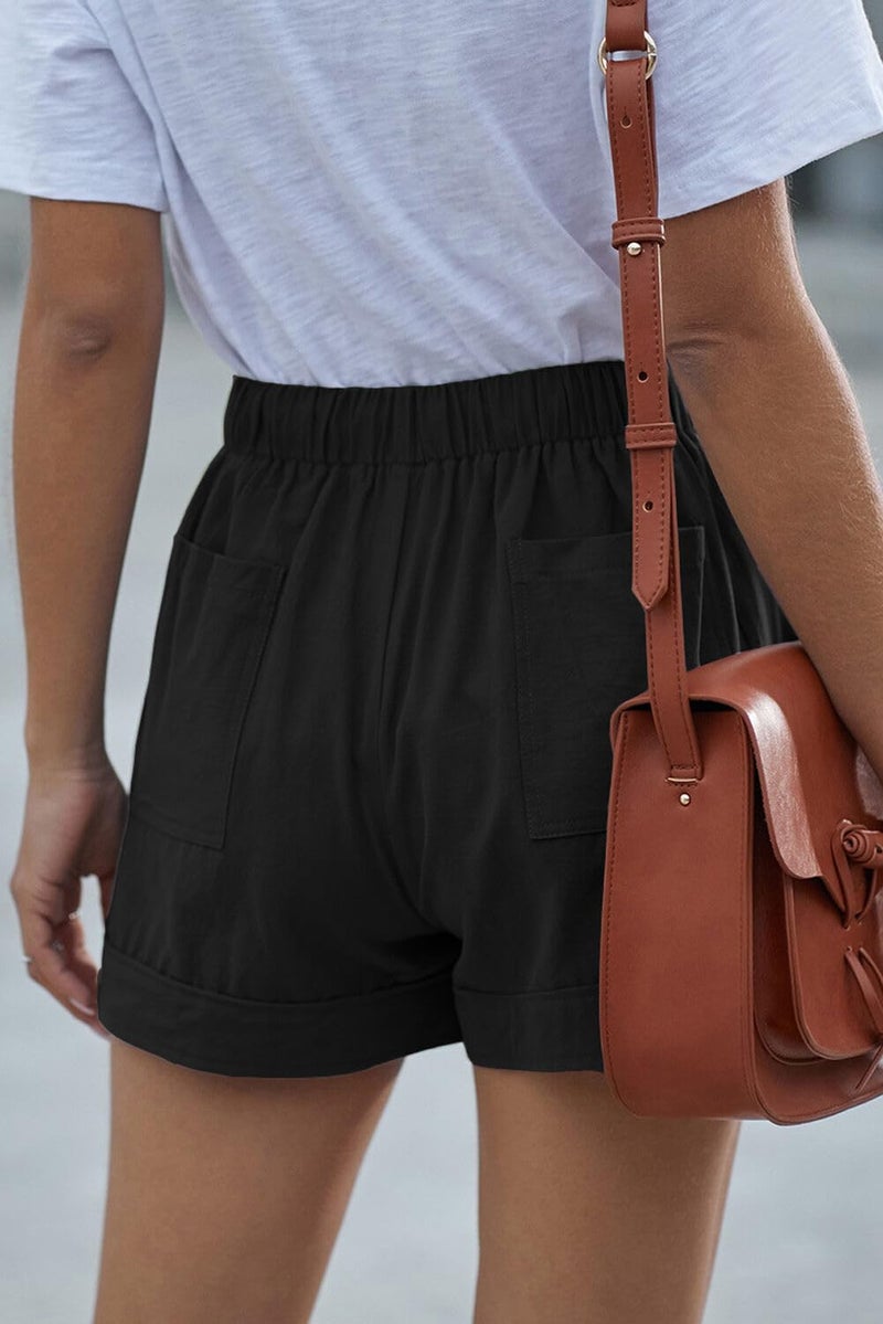 YOCUR Women Cotton Linen Casual Shorts Comfy Drawstring Shorts Pockets Mid Waisted Cuffed Hem Retro Work Out Hot Pants Black L - Image 2