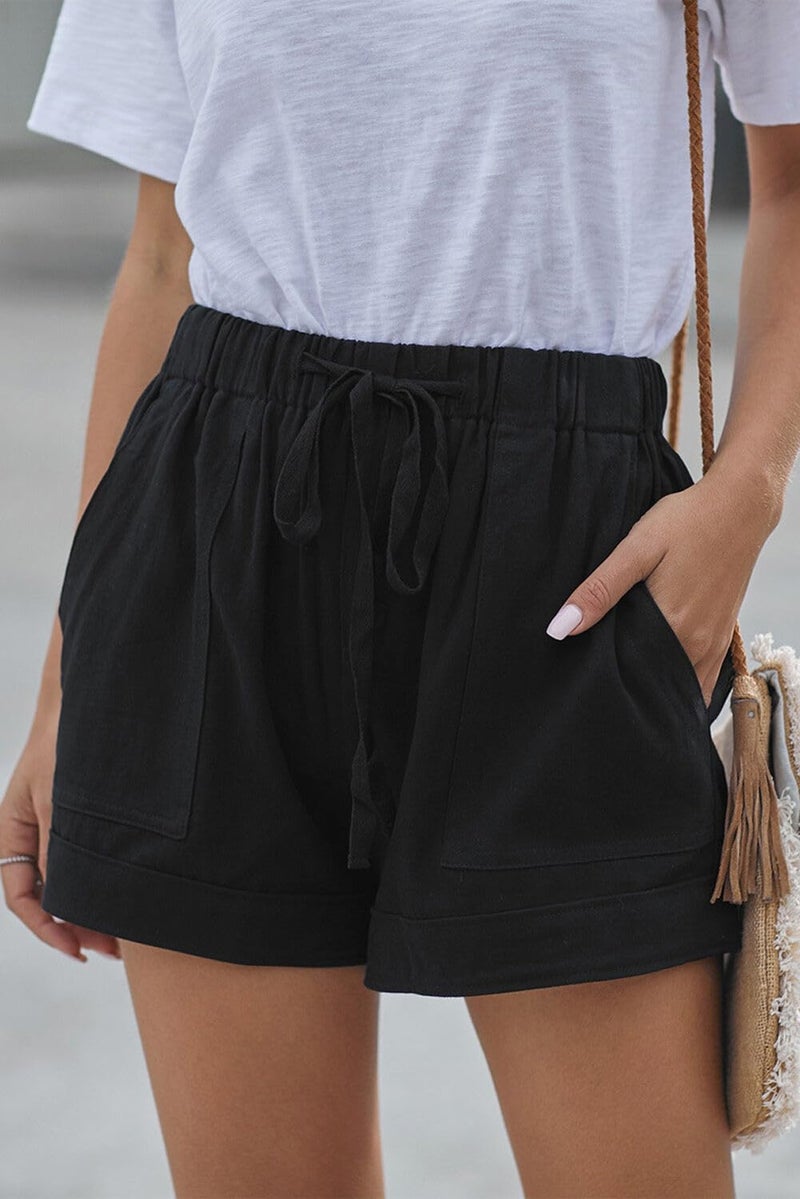 YOCUR Women Cotton Linen Casual Shorts Comfy Drawstring Shorts Pockets Mid Waisted Cuffed Hem Retro Work Out Hot Pants Black L - Image 3