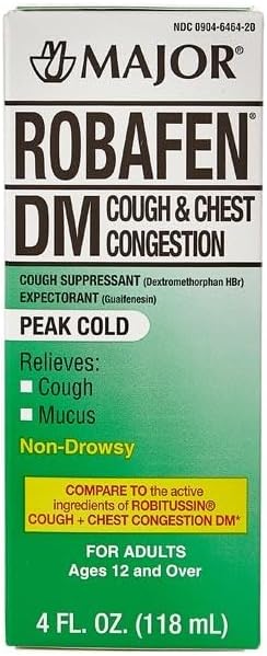 Major Robafen DM Cough & Chest Congestion Cough Suppressant & Expectorant Dextromethorphan 20 mg/Guaifenesin 200 mg Raspberry Flavor Cough Syrup - 4 Fl Oz
