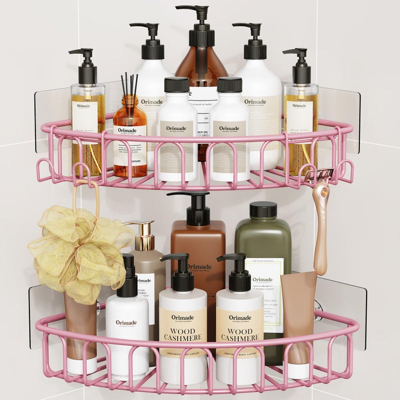 Orimade Corner Shower Caddy with 2 Hooks Wall Mounted Metal Bathroom Shelf Storage Organizer Adhesive No Drilling 2 Pack, Pink Only for 90-Degree Corner - Image 1