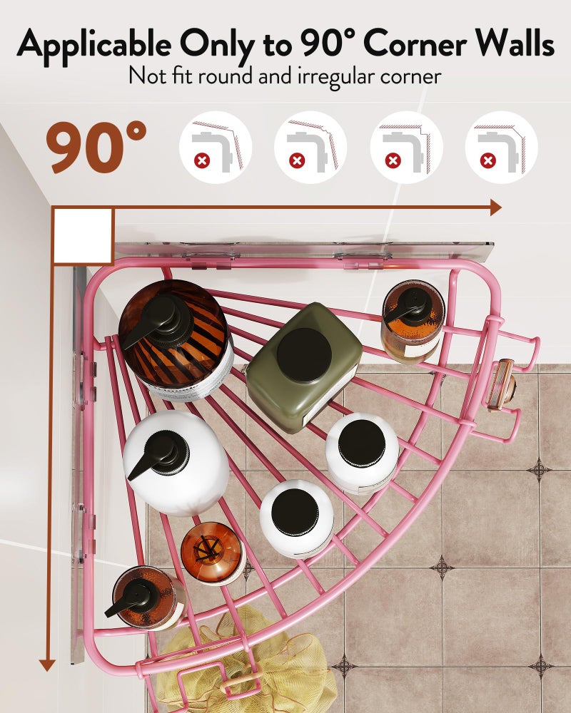 Orimade Corner Shower Caddy with 2 Hooks Wall Mounted Metal Bathroom Shelf Storage Organizer Adhesive No Drilling 2 Pack, Pink Only for 90-Degree Corner - Image 2