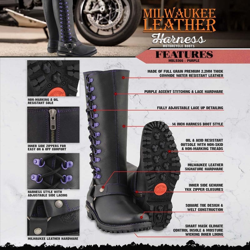 Milwaukee Leather Women's Black 14-inch Leather Harness Boots with Purple Accent Lacing - Size 11 - Image 2