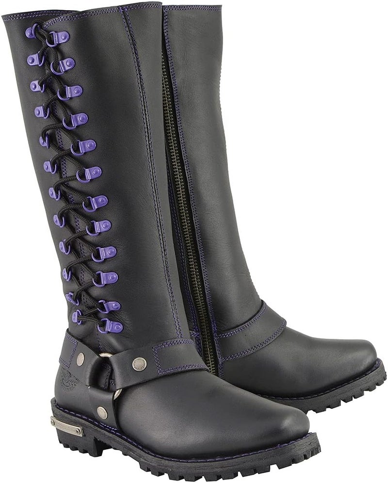 Milwaukee Leather Women's Black 14-inch Leather Harness Boots with Purple Accent Lacing - Size 11 - Image 1