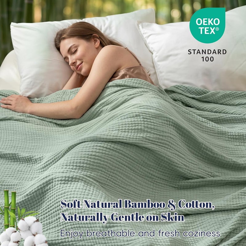 PHF Cooling Muslin Blanket King Size, Lightweight Gauze Blanket for Adults, 60% Rayon Derived from Bamboo & 40% Cotton for Summer, 4-Layer Soft Breathable for Hot Sleepers, 108"x90", Sage Green - Image 3