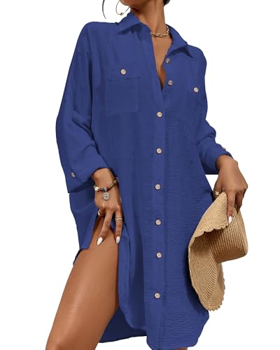 Bsubseach Womens Modern Swimsuit Cover Up Blouse Button Down Shirt Dresses Tops Dark Blue S - Image 1