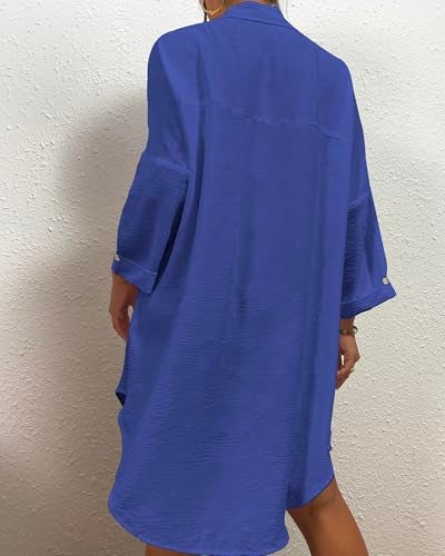 Bsubseach Womens Modern Swimsuit Cover Up Blouse Button Down Shirt Dresses Tops Dark Blue S - Image 5