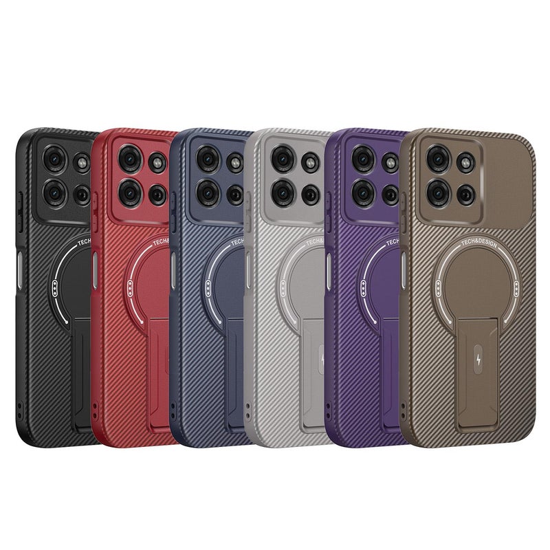 erorex For Motorola Moto G75 5G Carbon Fiber Texture MagSafe Phone Case with Holder(Black) - Image 2