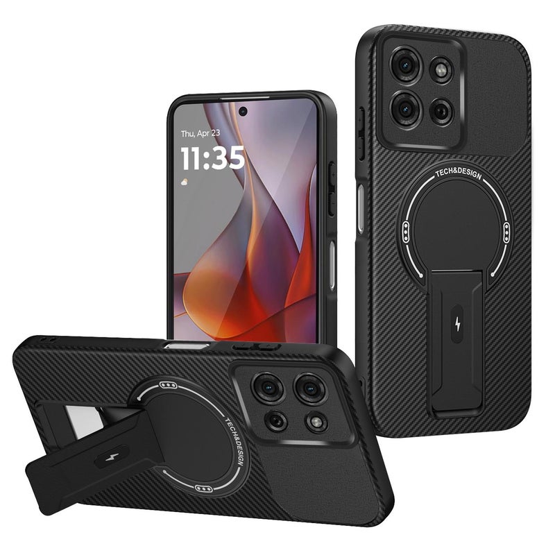 erorex For Motorola Moto G75 5G Carbon Fiber Texture MagSafe Phone Case with Holder(Black) - Image 1