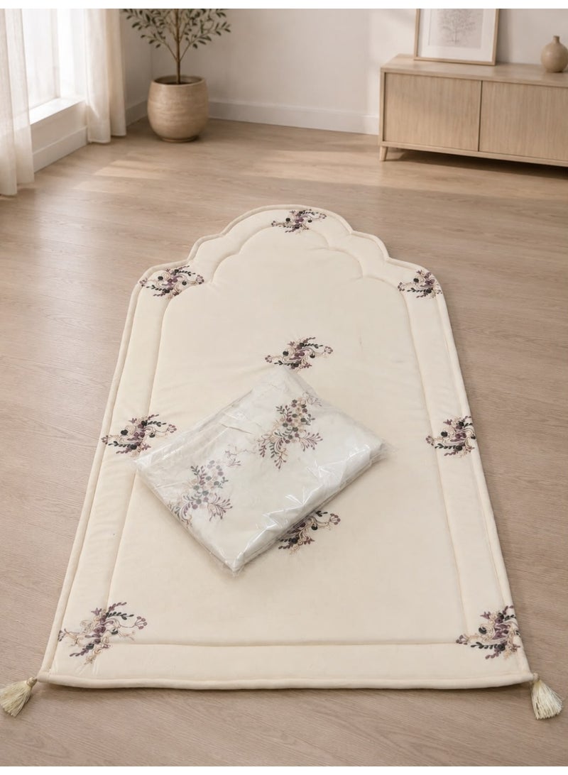 2cm thick velvet prayer mat set with a luxurious embroidered prayer shawl – New design – Elegant gift for women – Light beige - Image 1