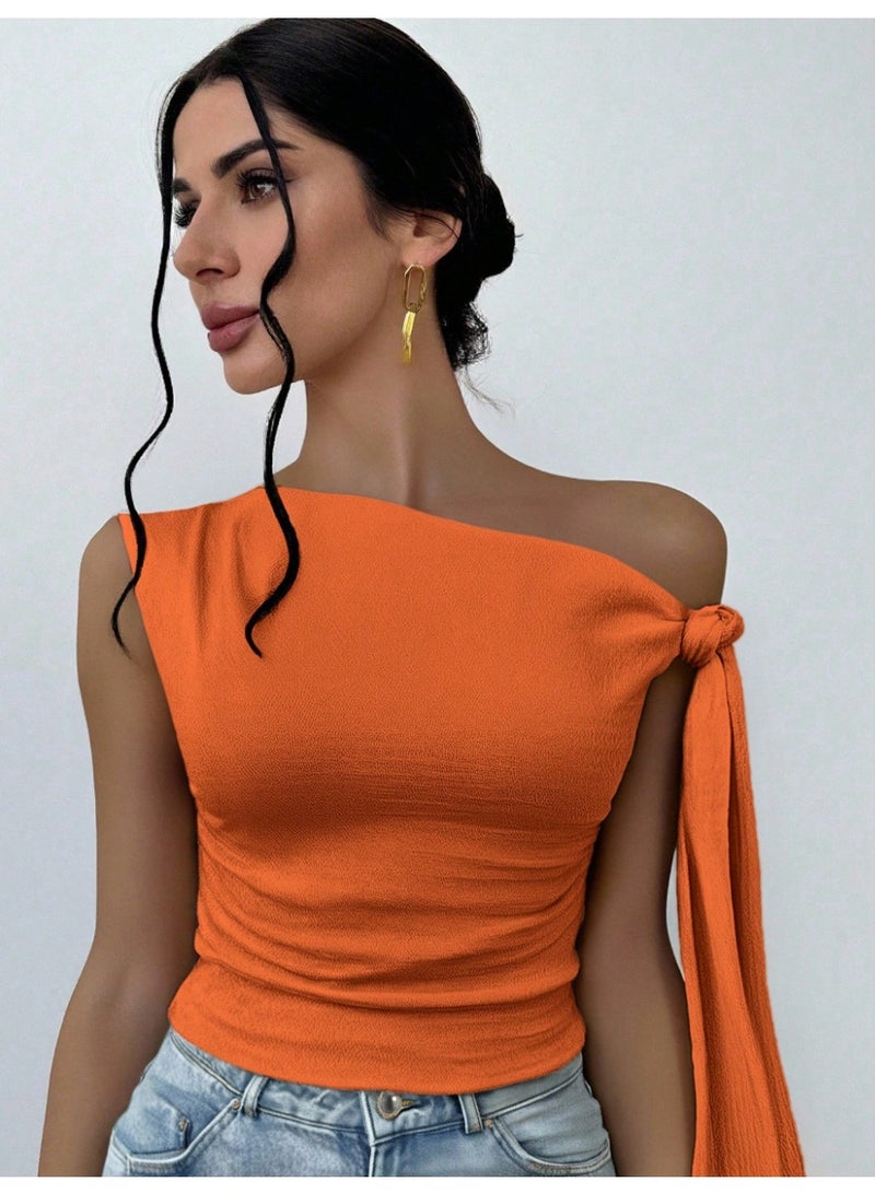شي إن بلوزة أنيقة باللون البرتقالي المحروق للنساء، مناسبة لحفلات الصيف والسهرات، بتصميم عصري محبوك، برباط على الكتفين، مثالية لحفلات الزفاف والإجازات. - Image 1