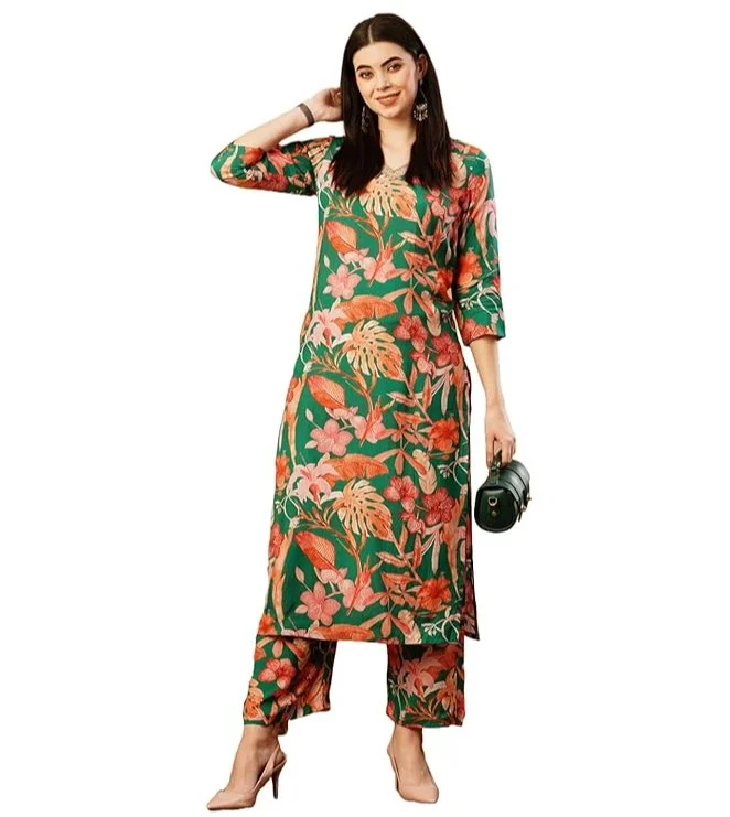 جو سريكي كورتا مطبوعة مستقيمة من GoSriKi بمزيج قطن نسائي مع بالازو (شينكي جرين-NW-GS_M_Green_Medium)