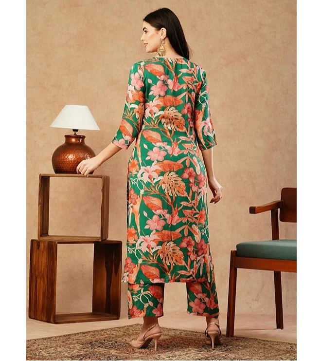 جو سريكي كورتا مطبوعة مستقيمة من GoSriKi بمزيج قطن نسائي مع بالازو (شينكي جرين-NW-GS_M_Green_Medium)