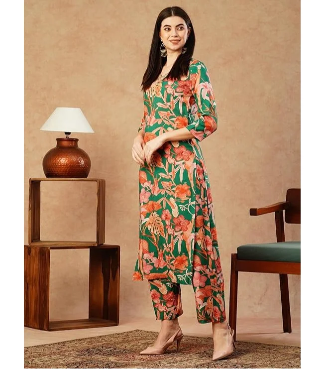 GoSriKi  GoSriKi Women's Cotton Blend Straight Printed Kurta with Palazzo (Chinki Green-NW-GS_M_Green_Medium) for Women | Best Price UAE