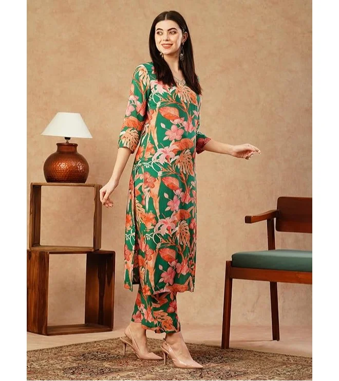 GoSriKi  GoSriKi Women's Cotton Blend Straight Printed Kurta with Palazzo (Chinki Green-NW-GS_M_Green_Medium) for Women | Best Price UAE
