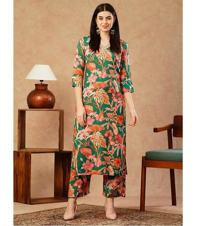 GoSriKi  GoSriKi Women's Cotton Blend Straight Printed Kurta with Palazzo (Chinki Green-NW-GS_M_Green_Medium) for Women | Best Price UAE