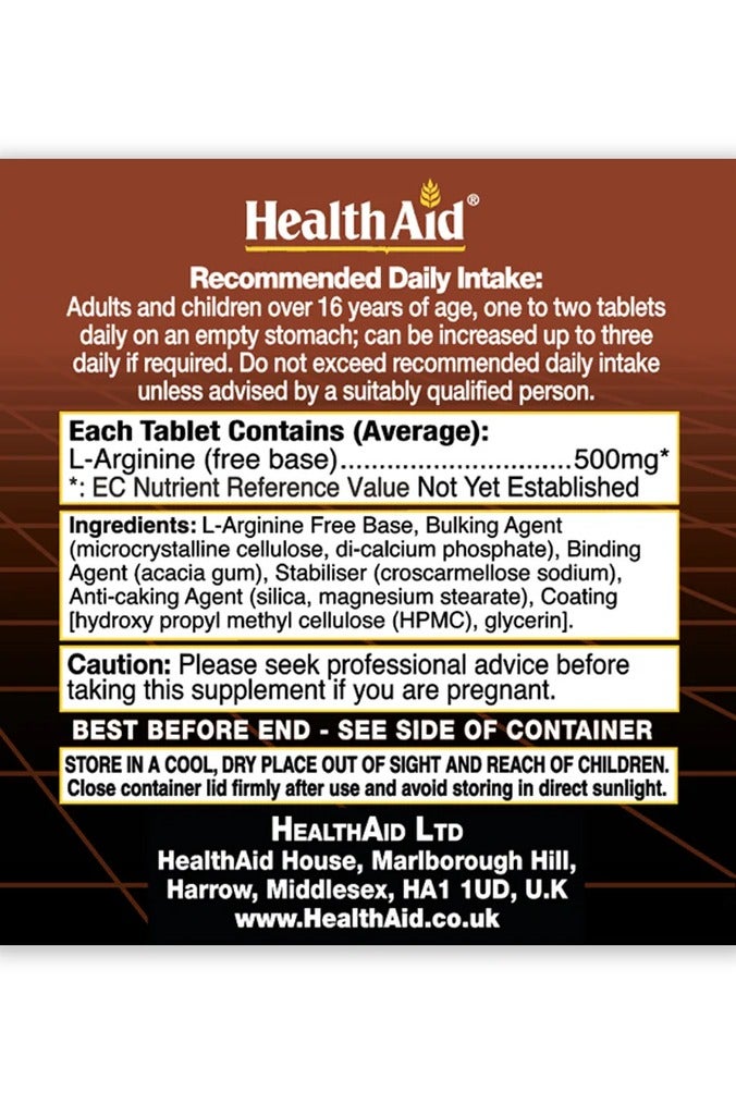 Health Aid HealthAid L-Arginine 500mg – 60 Tablets, Supports Circulation & Protein Metabolism - Image 3