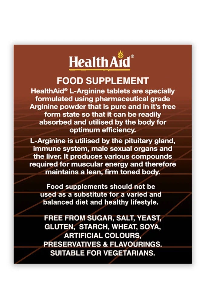 Health Aid HealthAid L-Arginine 500mg – 60 Tablets, Supports Circulation & Protein Metabolism - Image 2