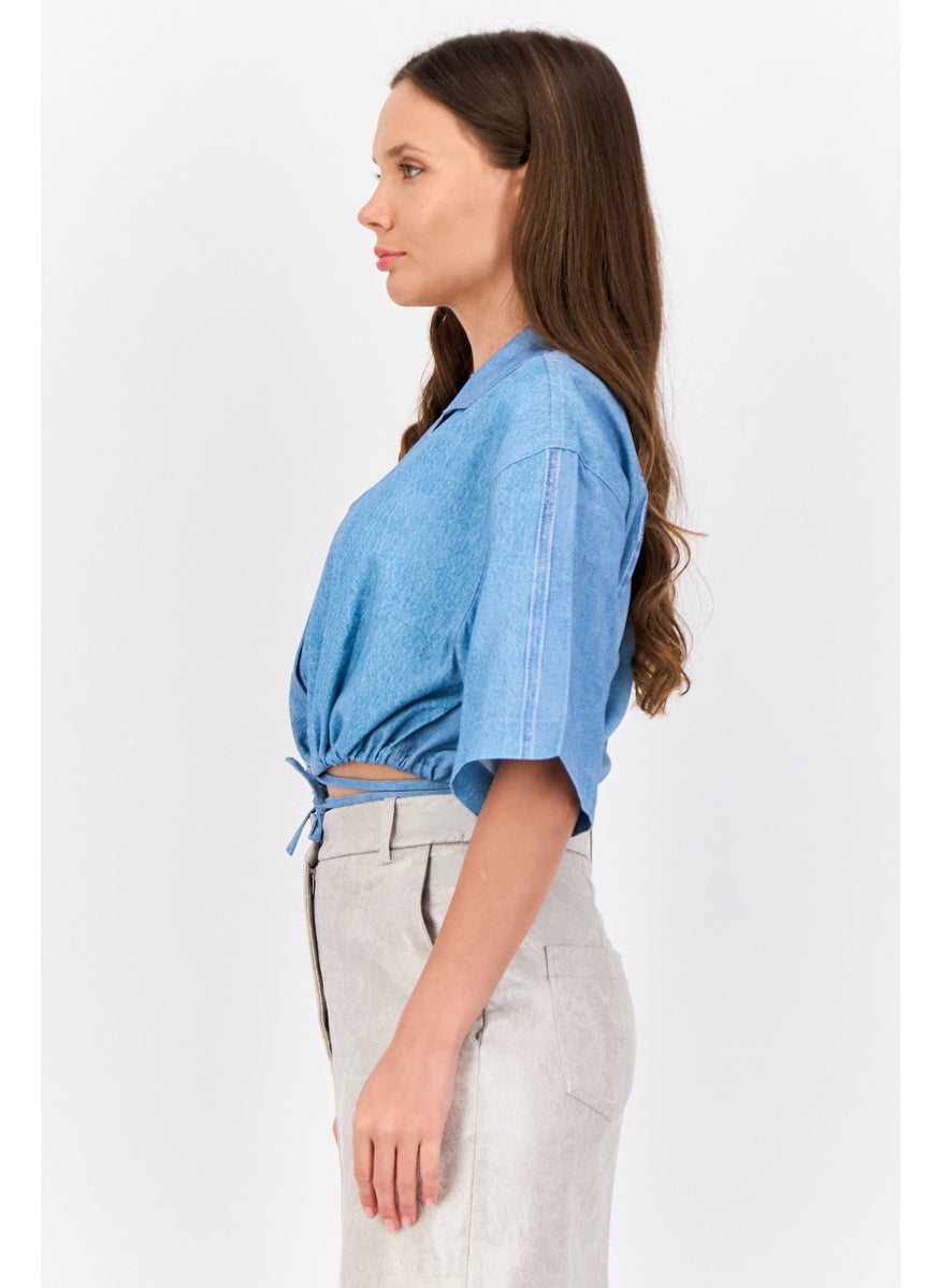 ESPRIT Women Noched Collar Short Sleeve Washed Blouse, Blue  - Image 3